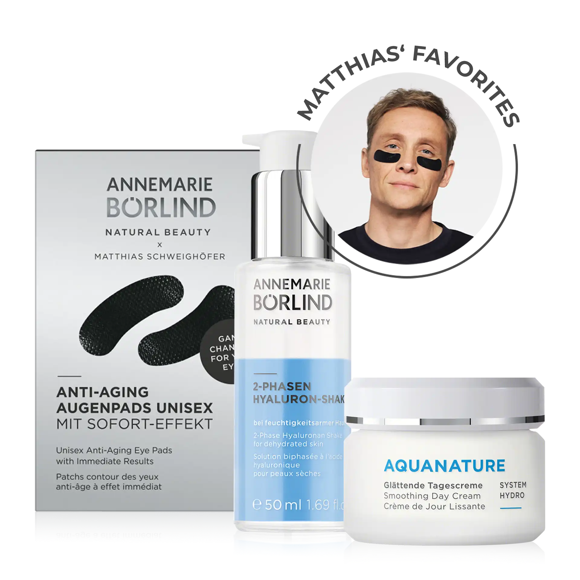 ANNEMARIE BÖRLIND Matthias Schweighöfer Favorites Set mit Anti-Aging Augenpads, Hyaluron Shake & Tagescreme